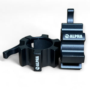 Black ALPHA EliteLock 50mm Aluminum Barbell Collars featuring a durable click-and-lock mechanism for high-intensity workouts.