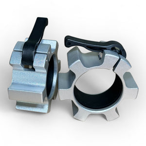 Silver ALPHA EliteLock 50mm Aluminum Barbell Collars with click-and-lock mechanism for secure weightlifting.